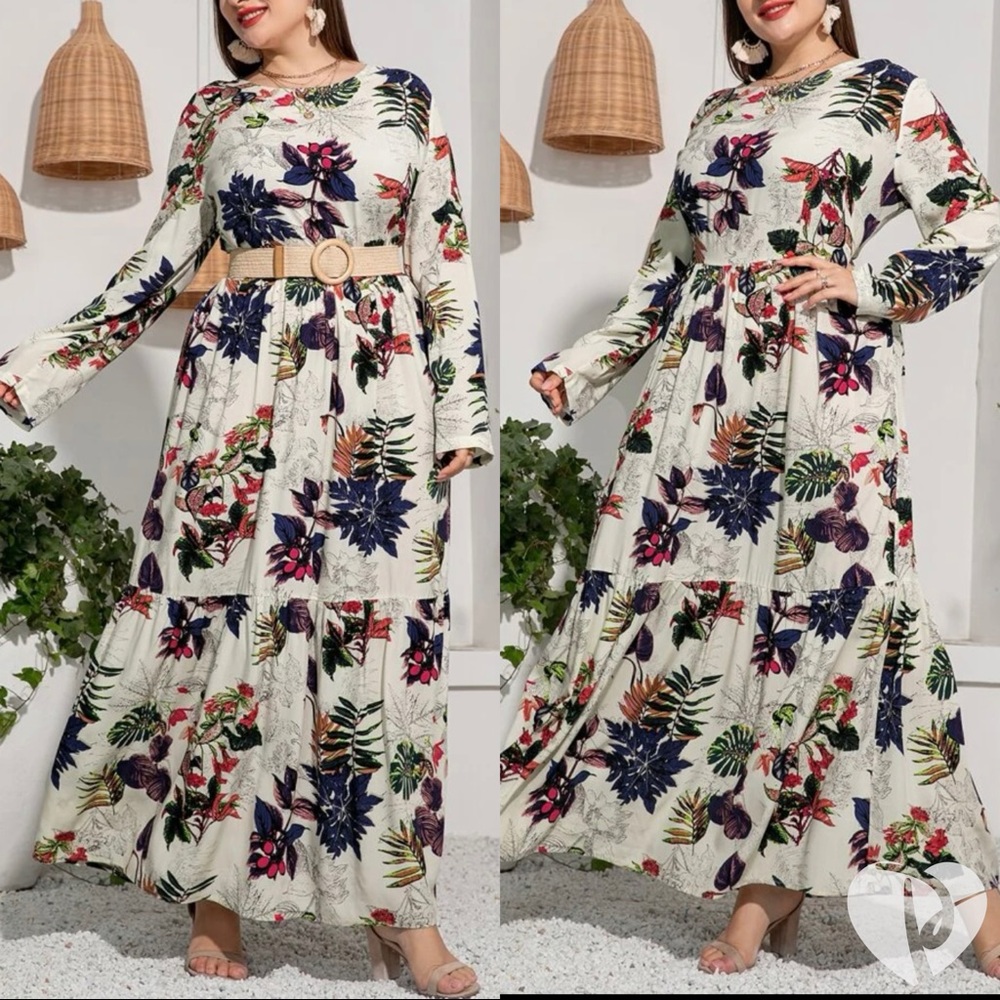 Boho Plus Size Tropical Floral Print Ruffle Maxi Dress NO BELT - Picture 2 of 7